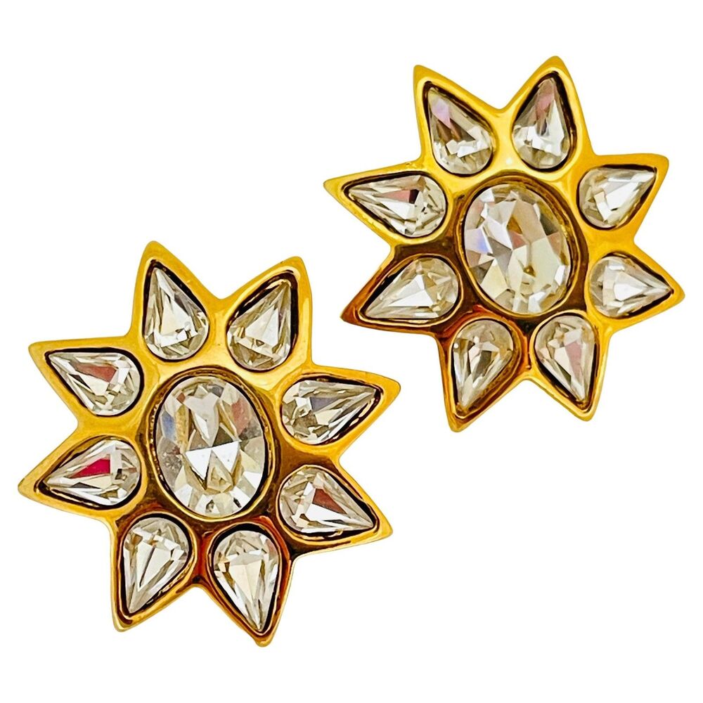 ST JOHN signed gold plated crystal star designer runway  earrings